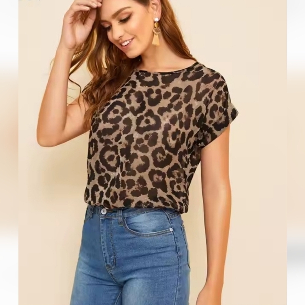 Shein Womens Sheer Leopard Print Short Sleeve Trendy Layering Blouse L